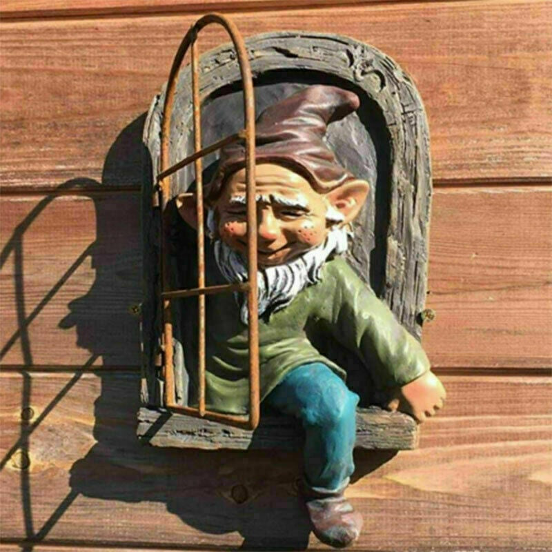 Elf Out The Door Window Tree Hugger Garden Gnome Statue